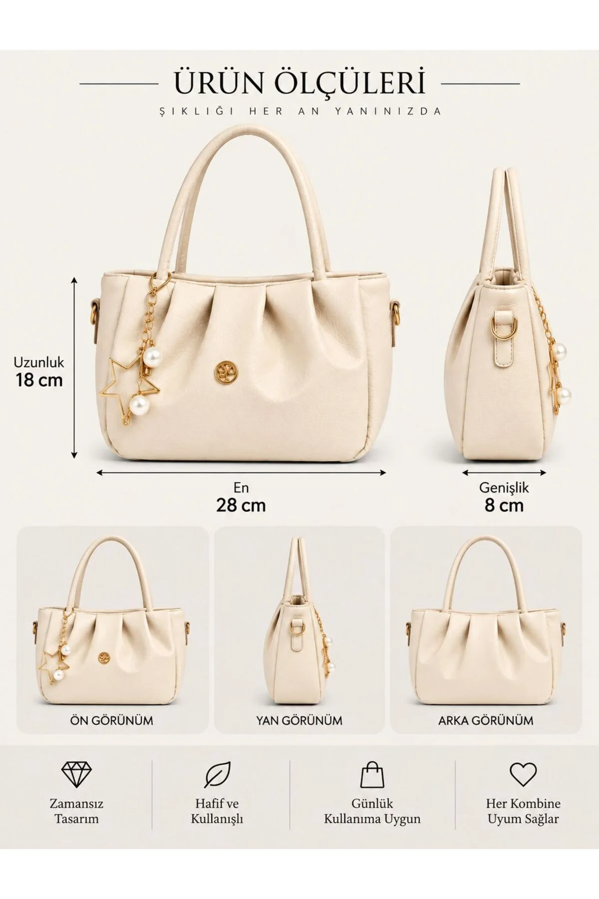 CHARM DETAYLI EL ÇANTASI ÖLÇÜ UZUNLUK 18 CM EN 28 CM GENİŞLİK 8