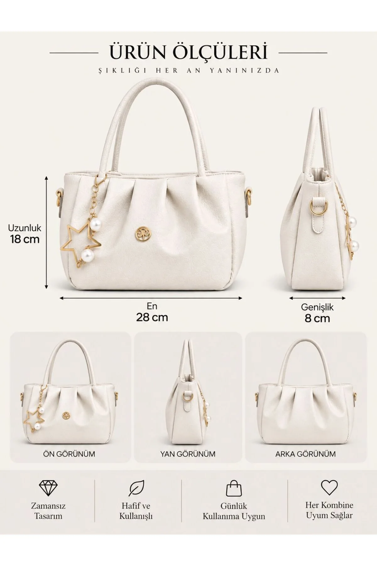 CHARM DETAYLI EL ÇANTASI ÖLÇÜ UZUNLUK 18 CM EN 28 CM GENİŞLİK 8