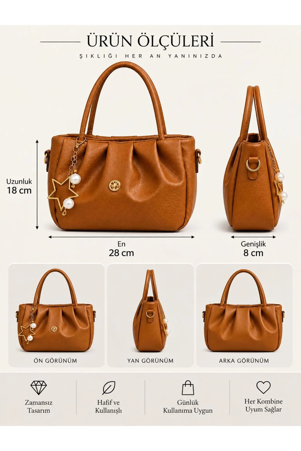 CHARM DETAYLI EL ÇANTASI ÖLÇÜ UZUNLUK 18 CM EN 28 CM GENİŞLİK 8