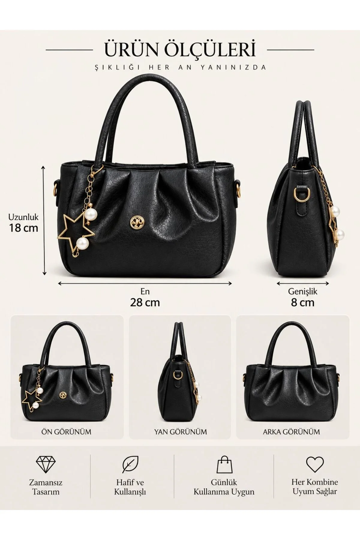 CHARM DETAYLI EL ÇANTASI ÖLÇÜ UZUNLUK 18 CM EN 28 CM GENİŞLİK 8