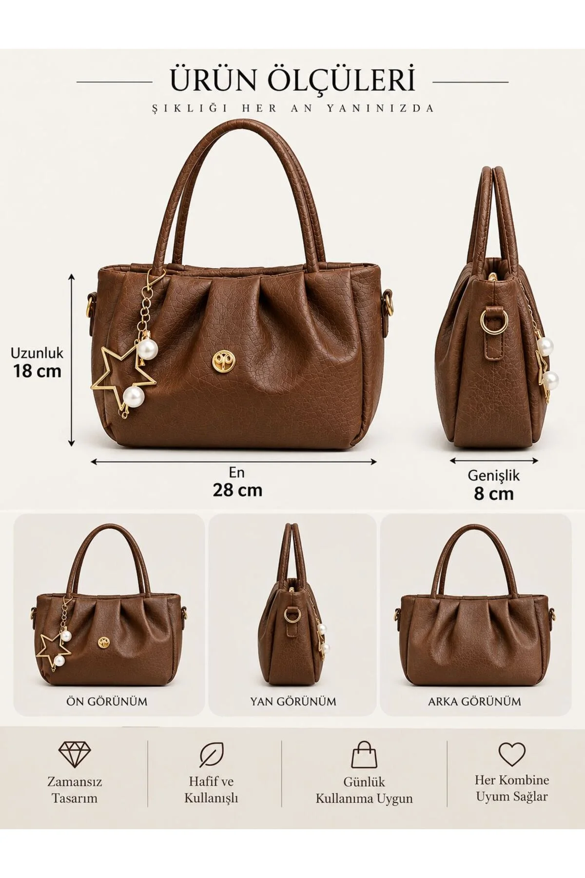 CHARM DETAYLI EL ÇANTASI ÖLÇÜ UZUNLUK 18 CM EN 28 CM GENİŞLİK 8