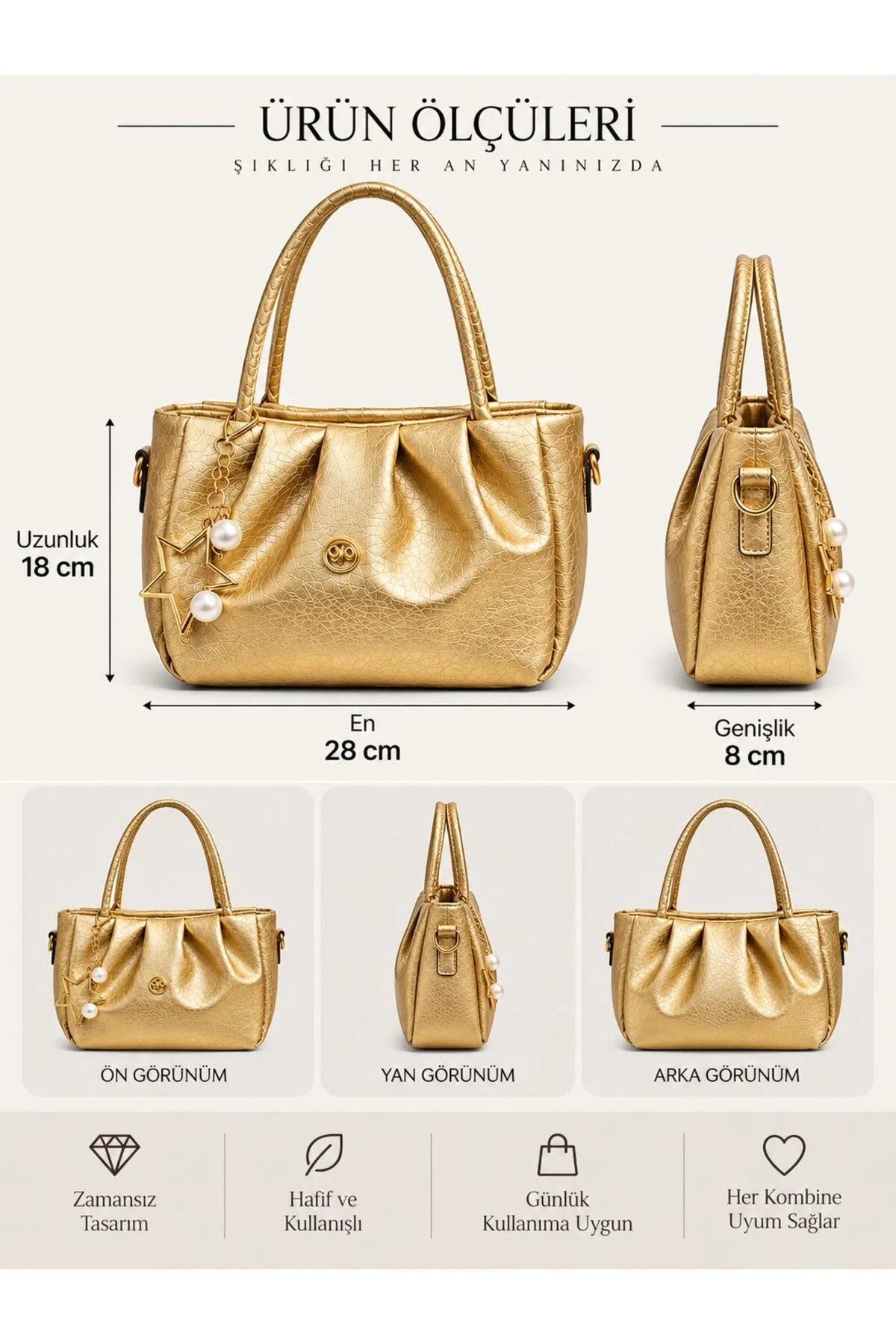 CHARM DETAYLI EL ÇANTASI ÖLÇÜ UZUNLUK 18 CM EN 28 CM GENİŞLİK 8