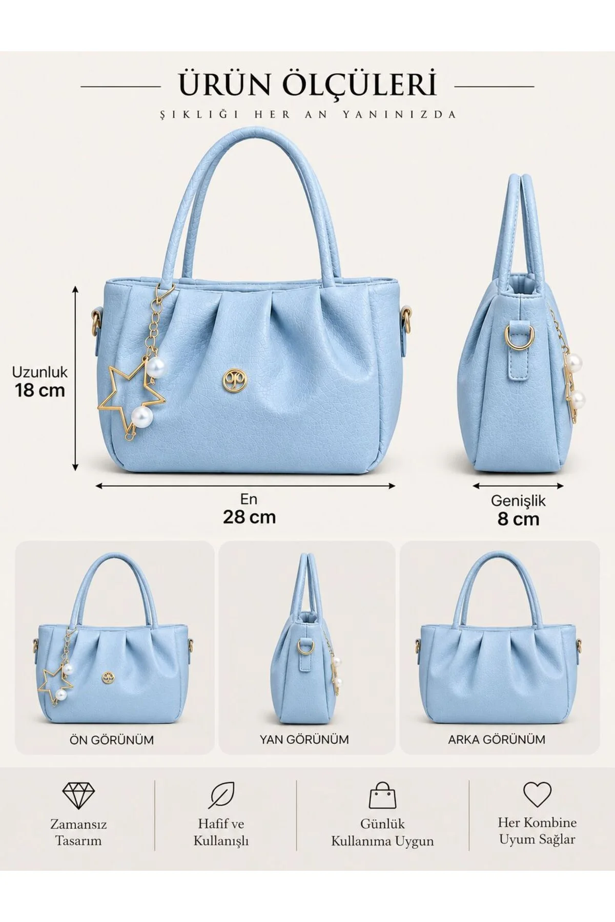 CHARM DETAYLI EL ÇANTASI ÖLÇÜ UZUNLUK 18 CM EN 28 CM GENİŞLİK 8