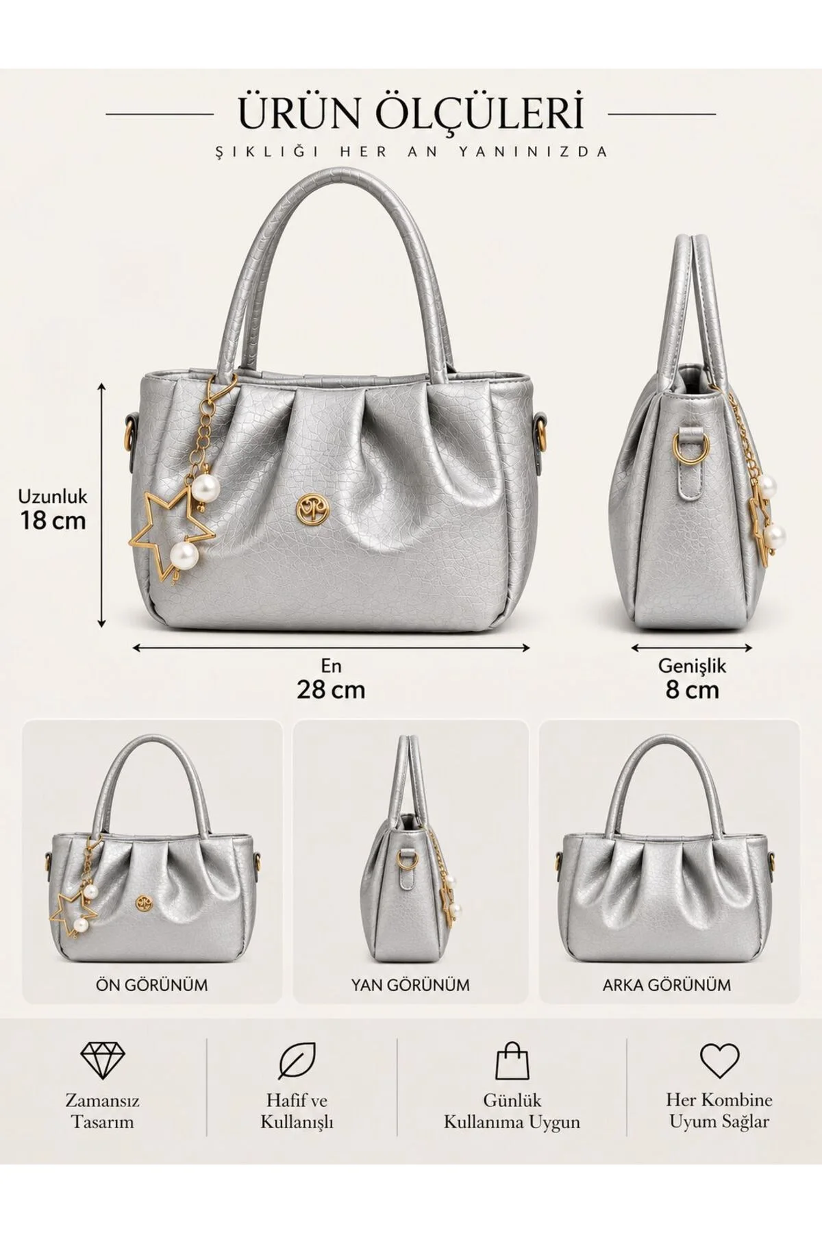 CHARM DETAYLI EL ÇANTASI ÖLÇÜ UZUNLUK 18 CM EN 28 CM GENİŞLİK 8