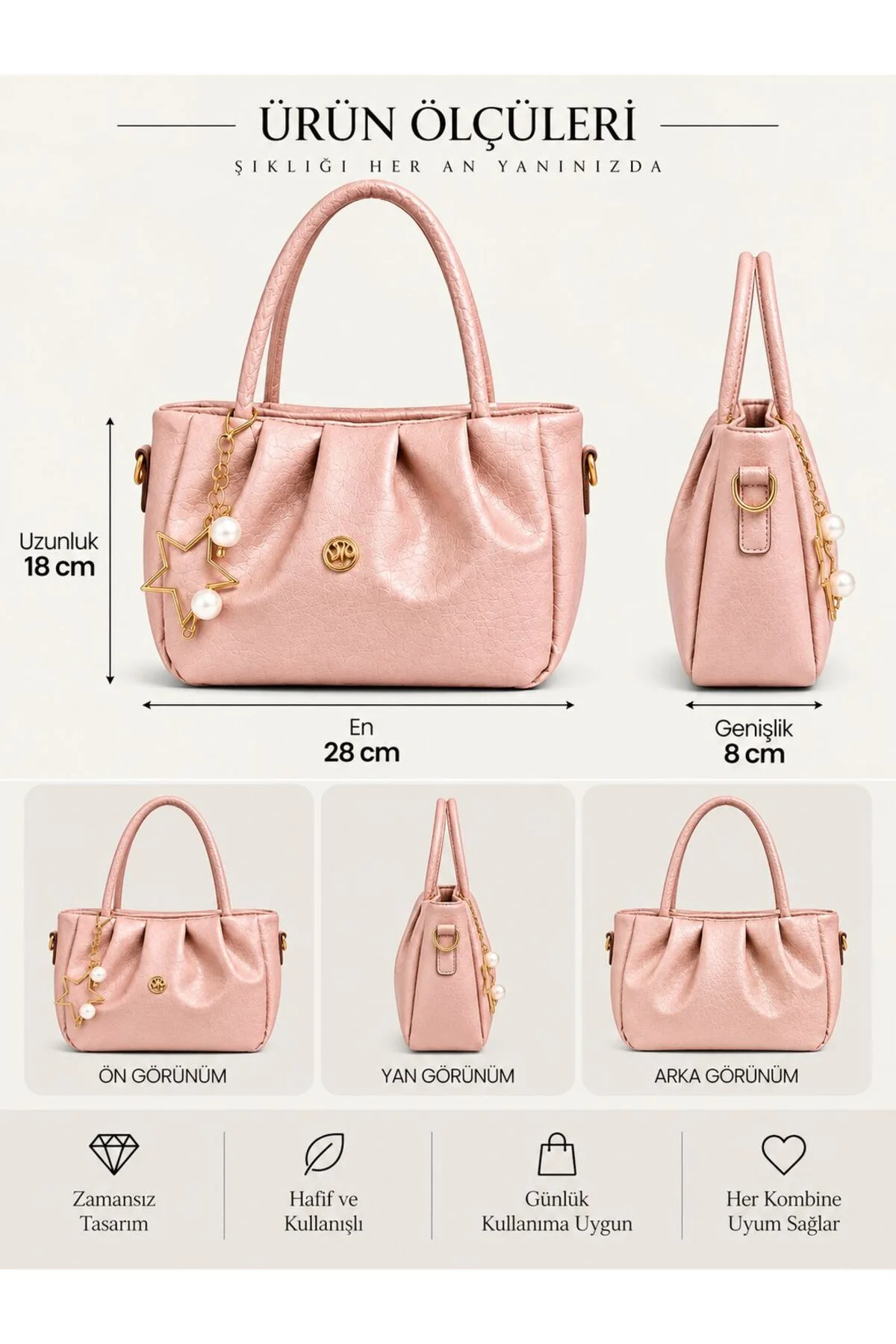 CHARM DETAYLI EL ÇANTASI ÖLÇÜ UZUNLUK 18 CM EN 28 CM GENİŞLİK 8