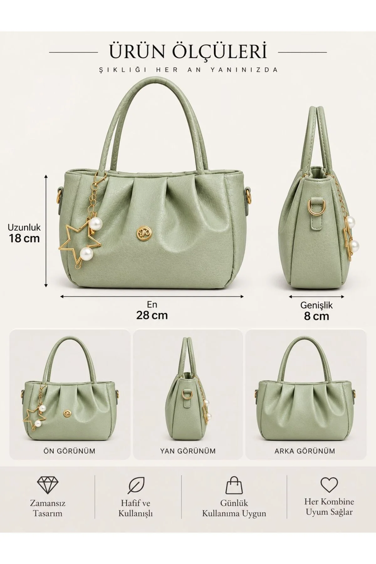 CHARM DETAYLI EL ÇANTASI ÖLÇÜ UZUNLUK 18 CM EN 28 CM GENİŞLİK 8