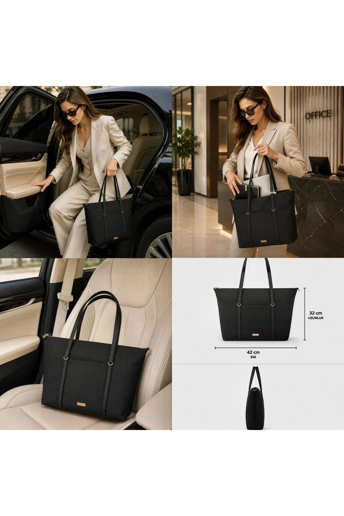 Modern Premium Siyah Kadın Tote Omuz Çantası - Geniş İç Hacimli Günlük Ölçü uzunluk3 2 cm Eni 42 cm Genişlik 8cm