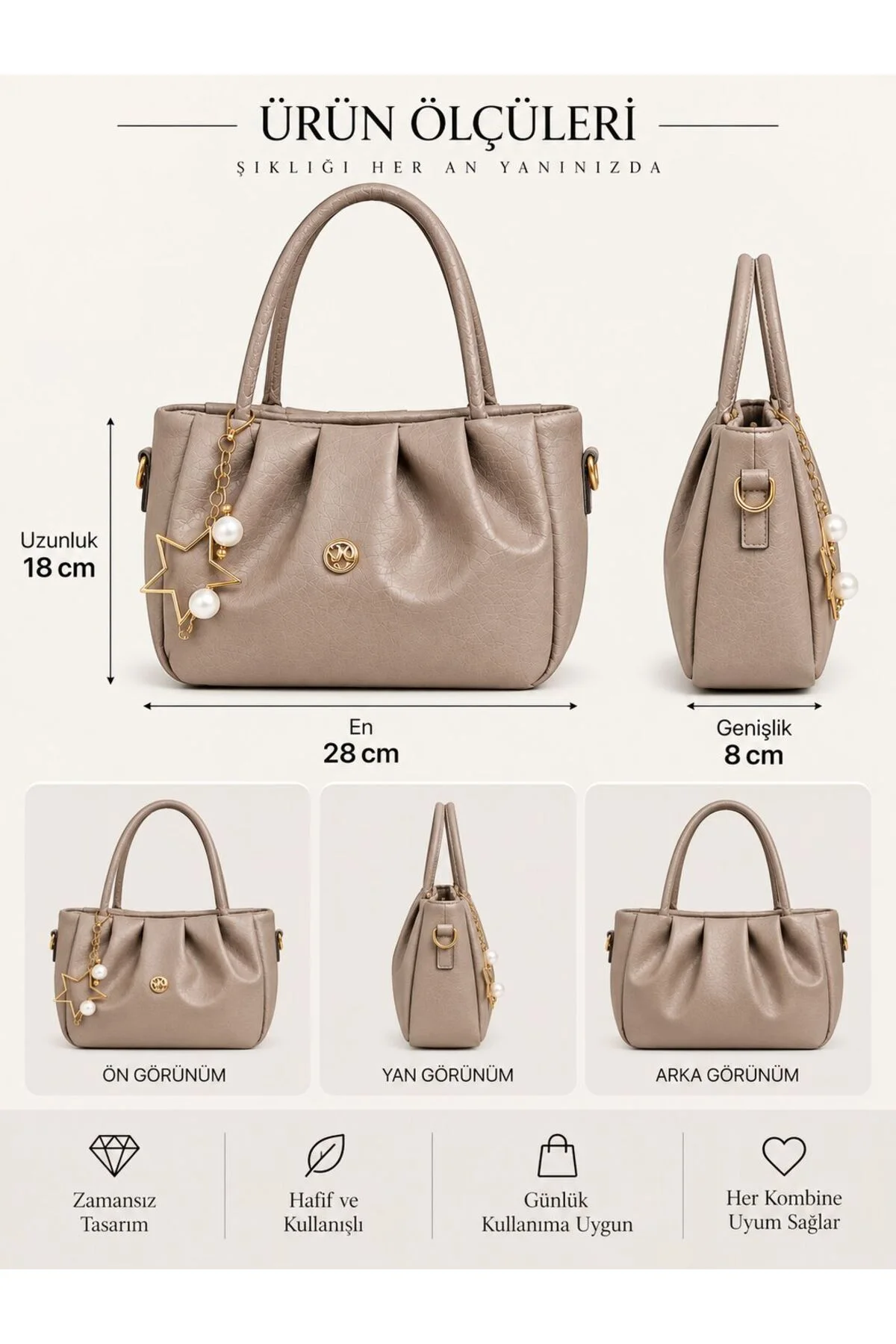 CHARM DETAYLI EL ÇANTASI ÖLÇÜ UZUNLUK 18 CM EN 28 CM GENİŞLİK 8