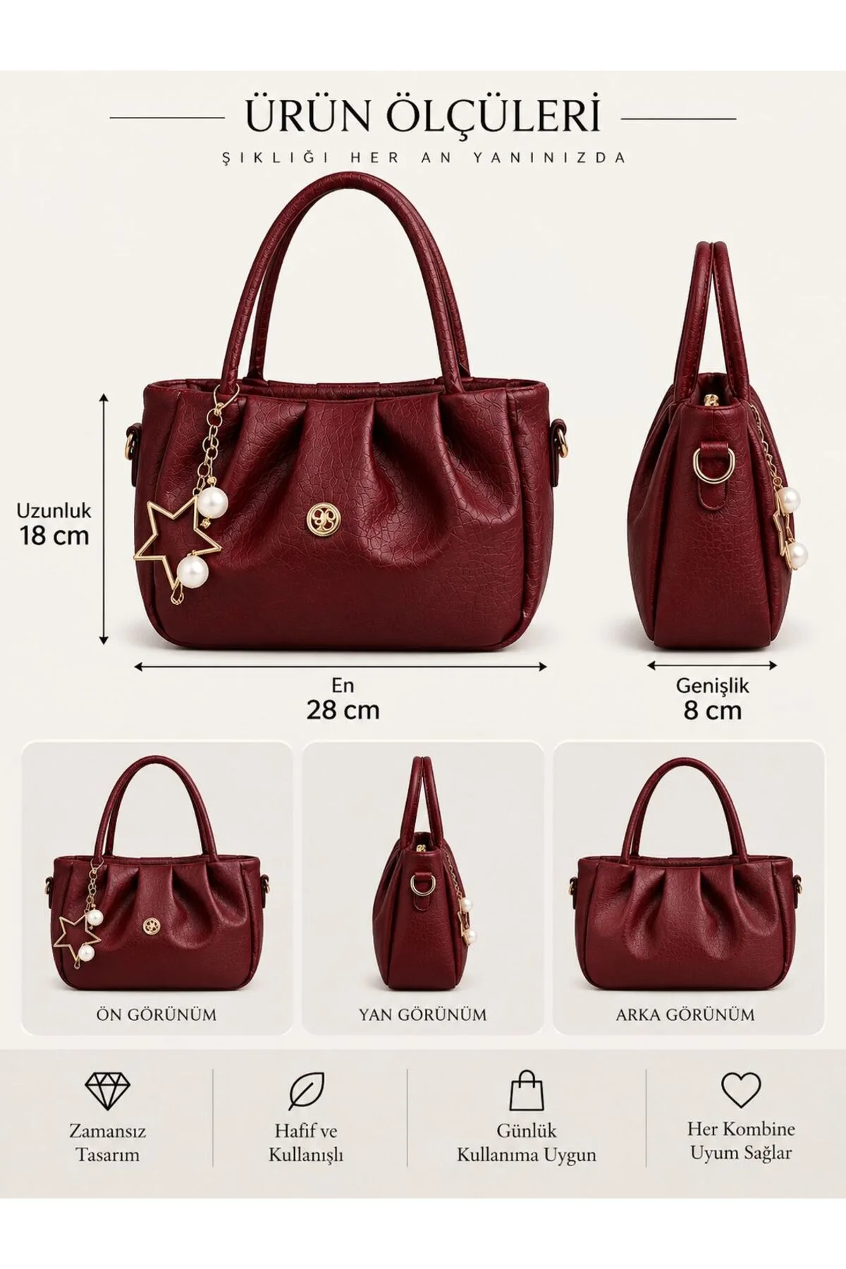 CHARM DETAYLI EL ÇANTASI ÖLÇÜ UZUNLUK 18 CM EN 28 CM GENİŞLİK 8